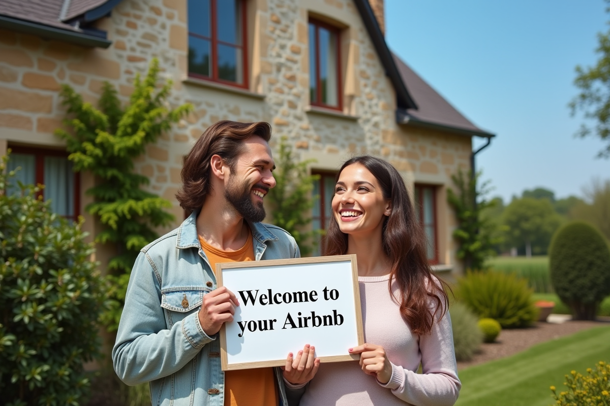 Couple souriant posant devant maison en pierre en campagne française