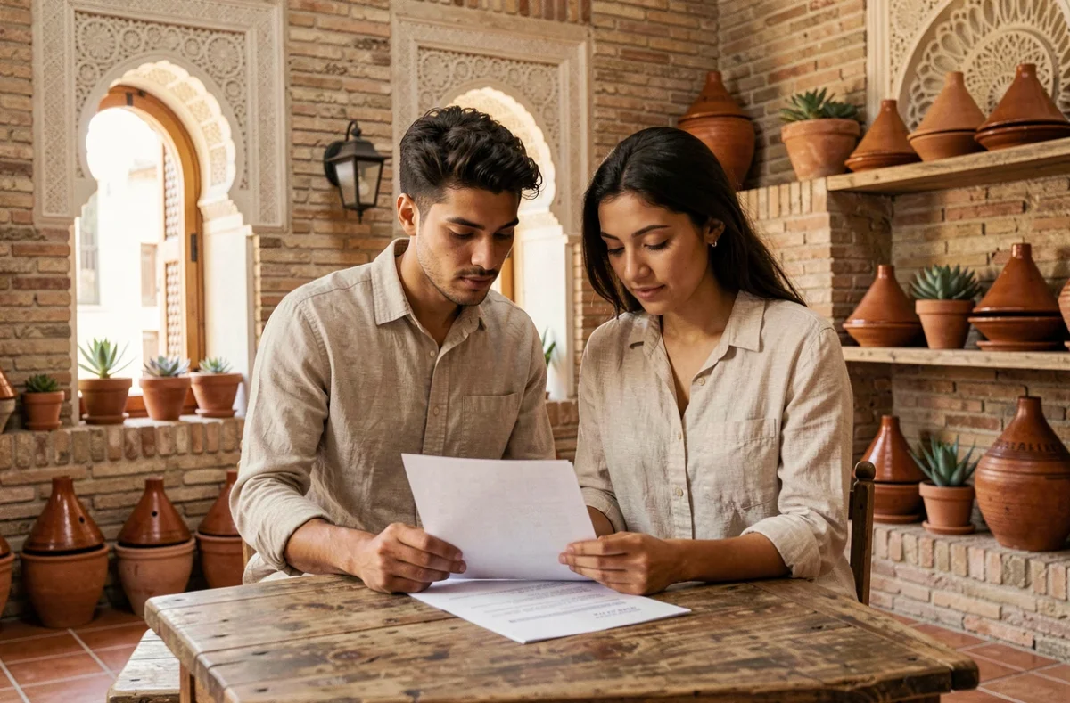 Couple examinant un contrat d'achat immobilier dans un appartement rénové de la médina de Marrakech au décor traditionnel marocain