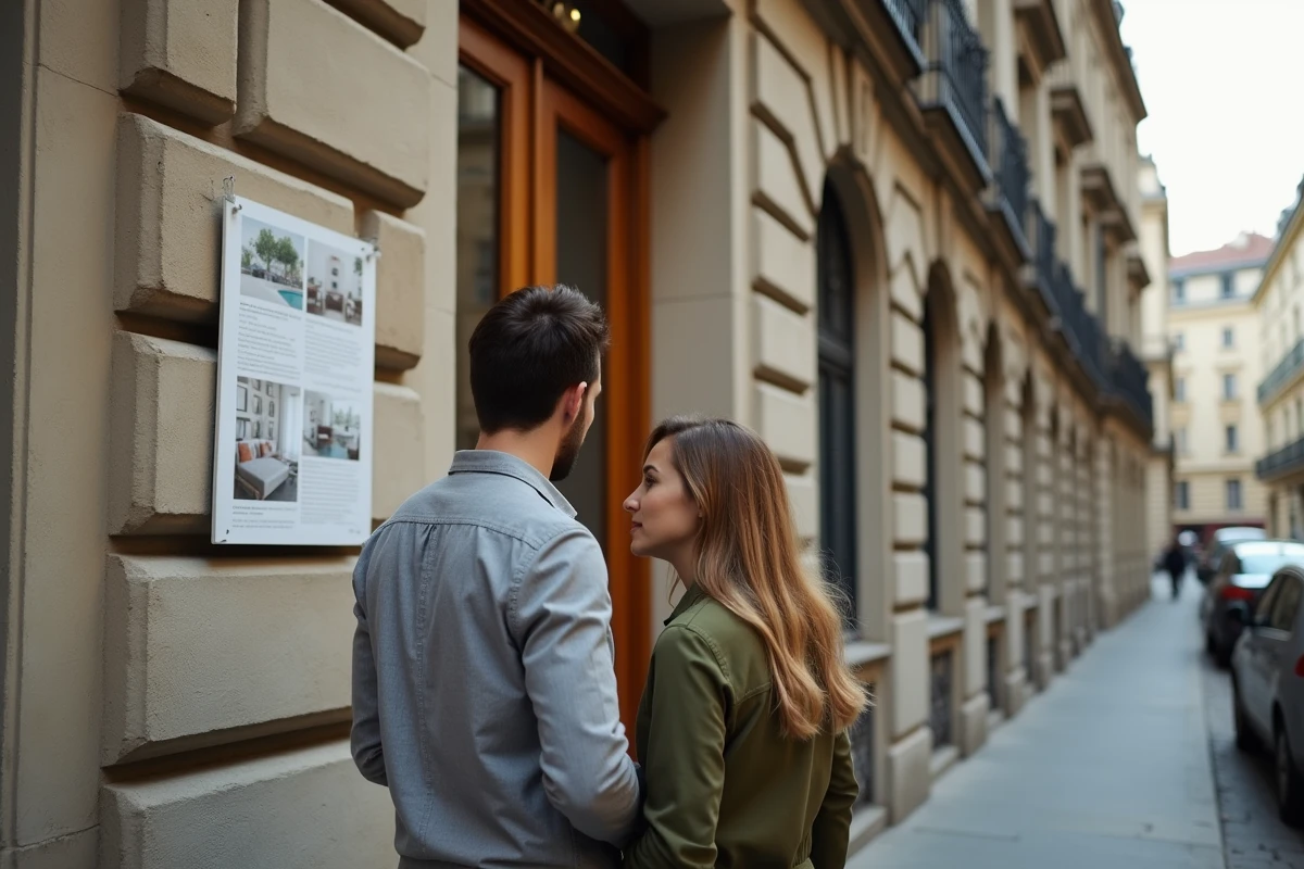 Couple consultant une annonce immobilière affichée sur un immeuble haussmannien en zone tendue en France