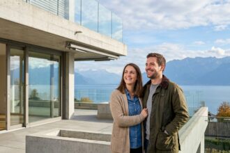 Couple sur le balcon d'un appartement neuf à Thonon-les-Bains avec vue sur le lac Léman