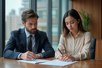 Jeune couple professionnel dans une banque moderne