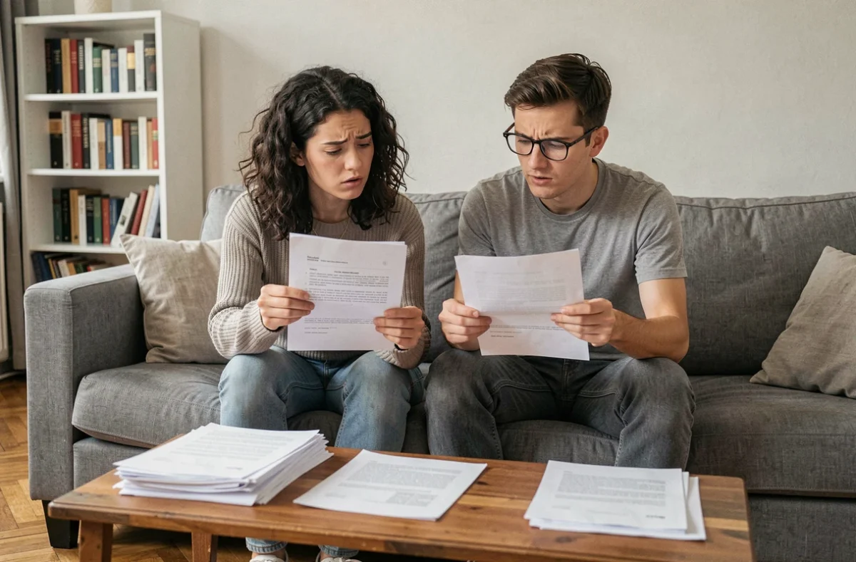 Couple comparant une attestation de loyer et une déclaration CAF dans leur salon