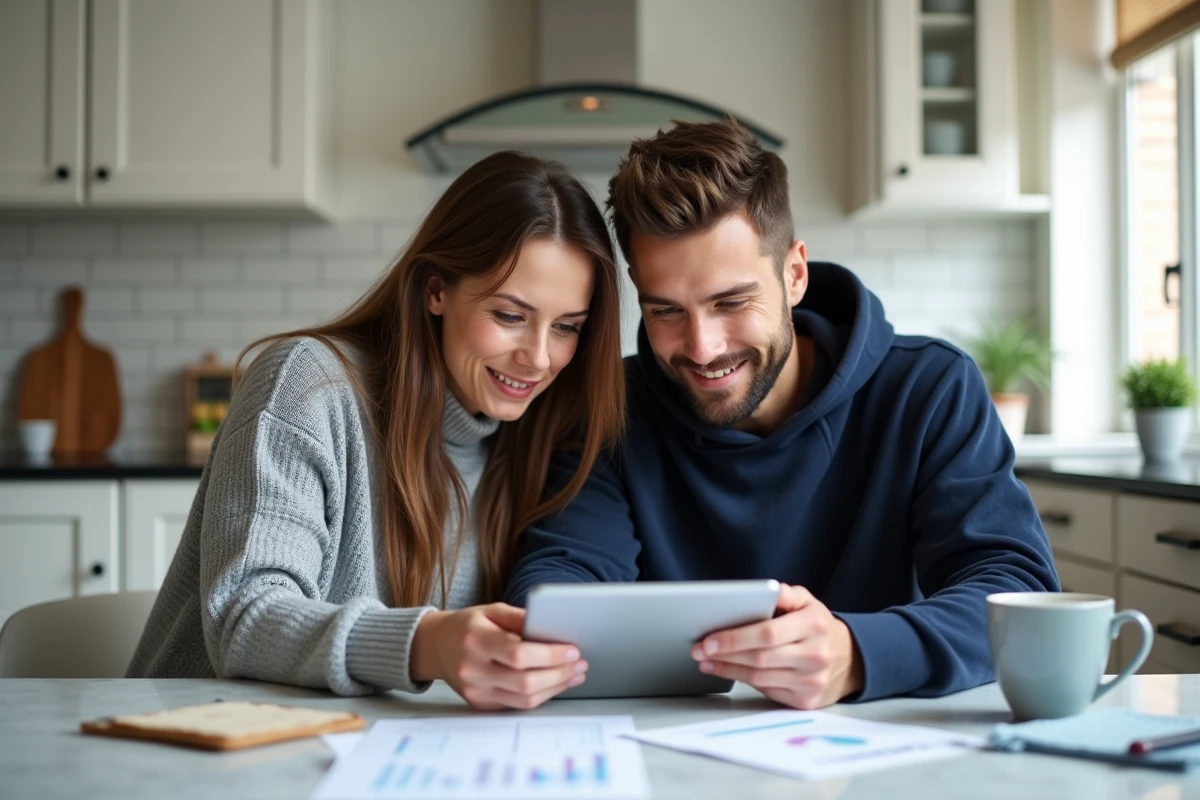 Couple comparant les offres de crédit immobilier SG sur tablette depuis leur cuisine pour négocier sans courtier
