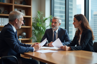 Couple en réunion avec un courtier en prêt immobilier