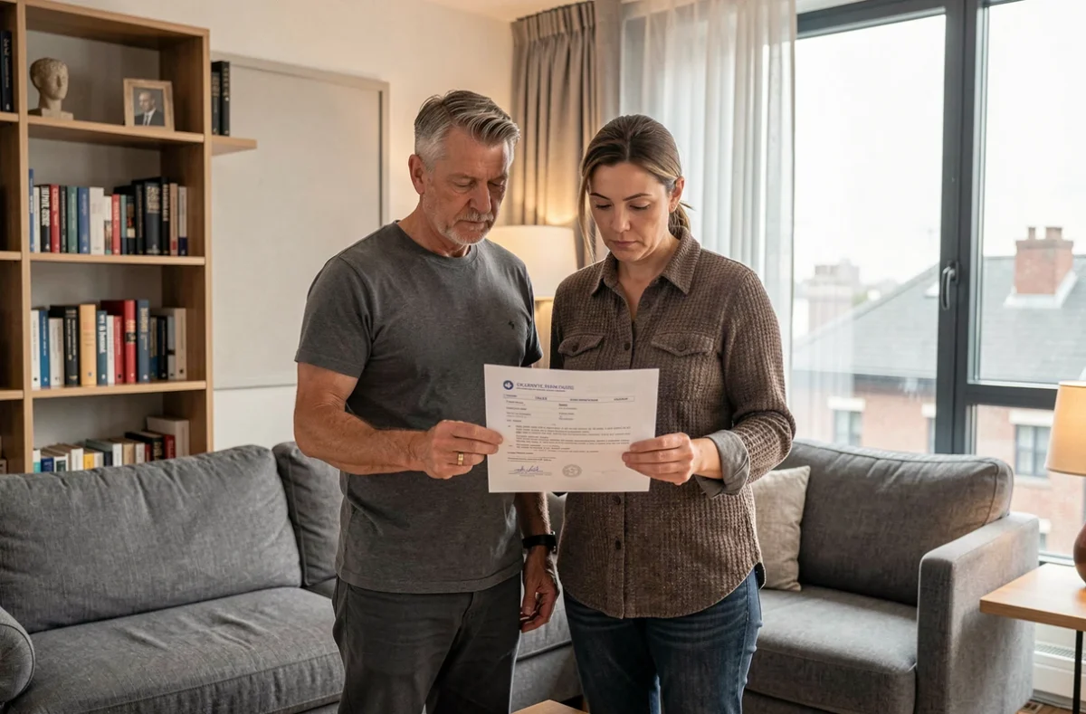 Couple lisant attentivement un contrat d'assurance multirisque habitation dans leur salon