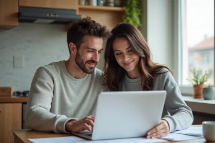 Jeune couple réfléchissant à des papiers dans la cuisine