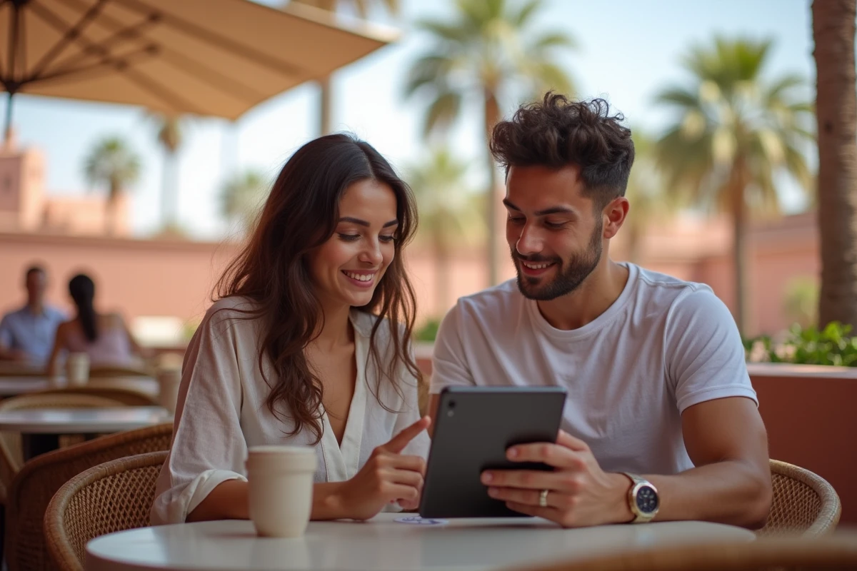 Jeune couple discutant immobilier sur une terrasse à Marrakech