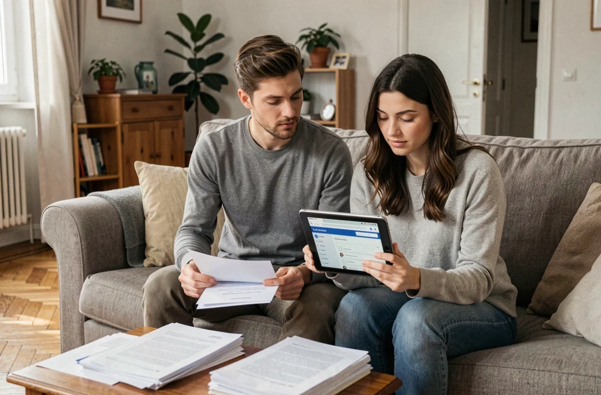 Couple examinant des documents pour une demande de logement social dans un appartement parisien