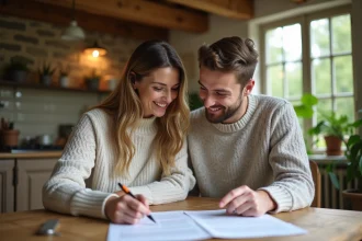 Couple de locataires préparant leur dossier de location pour une petite maison avec jardin dans le Puy-de-Dôme