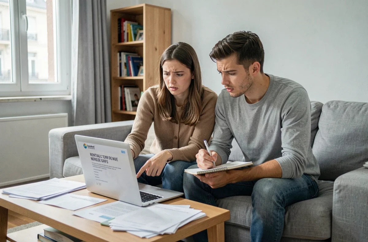 Couple de locataires inquiets consultant une notification de hausse de loyer sur ordinateur portable