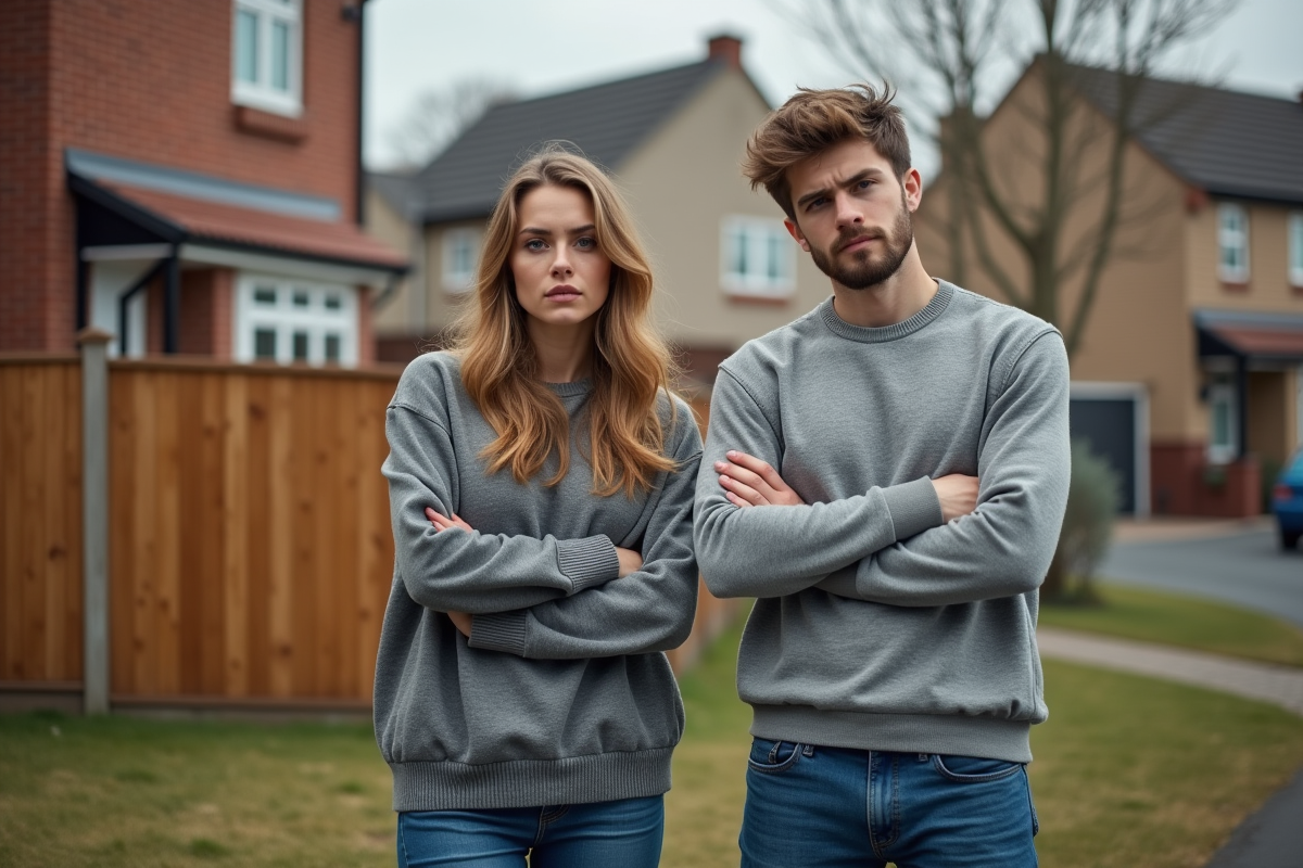 Jeune couple devant une maison à vendre dans un quartier