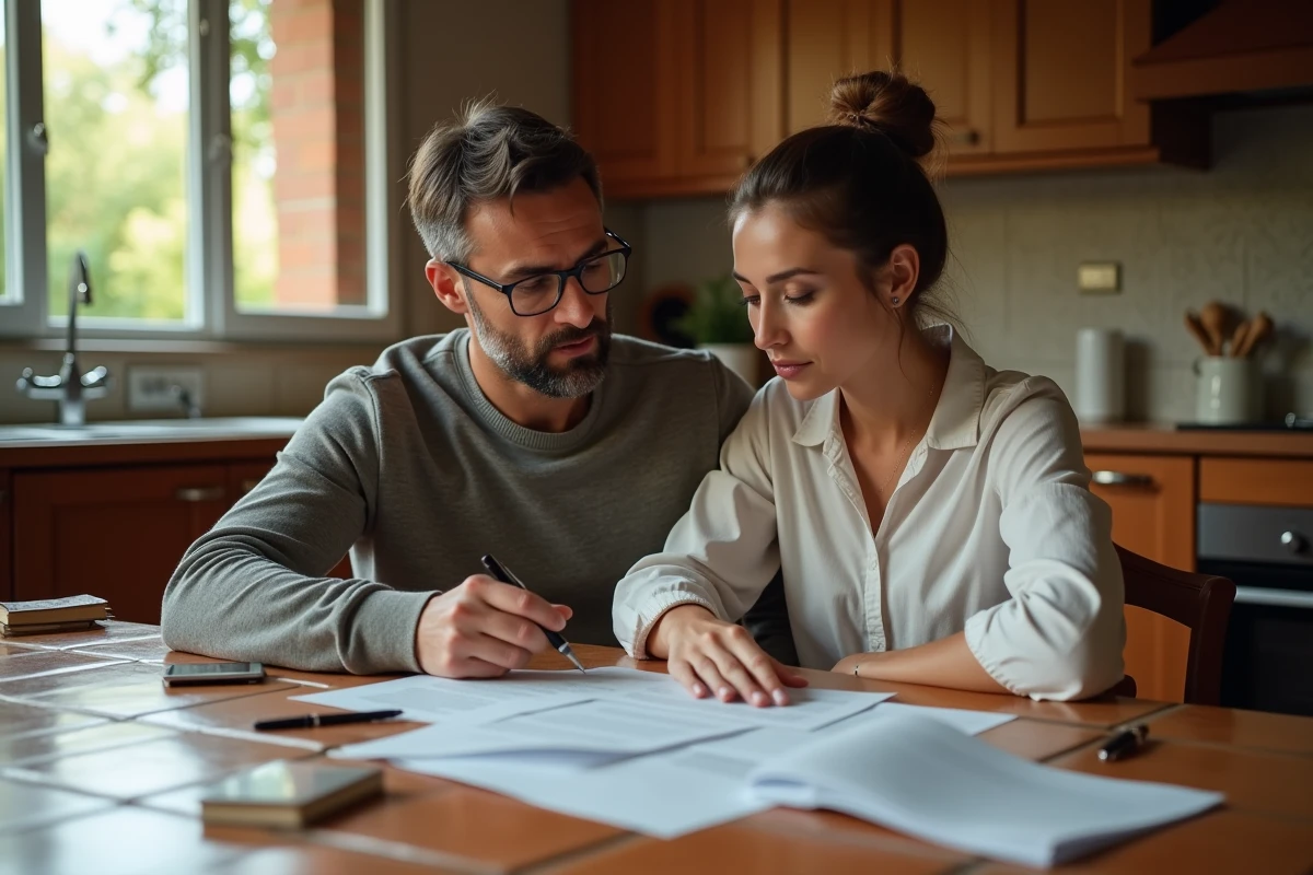 Couple de propriétaires étudiant leur contrat d'assurance habitation et les conditions de location pour un tournage