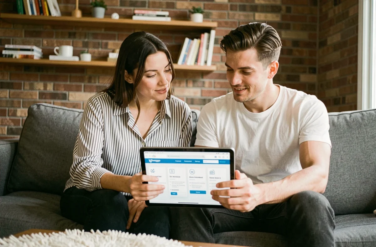 Couple cherchant une assurance appartement moins chère sur tablette dans un salon cosy