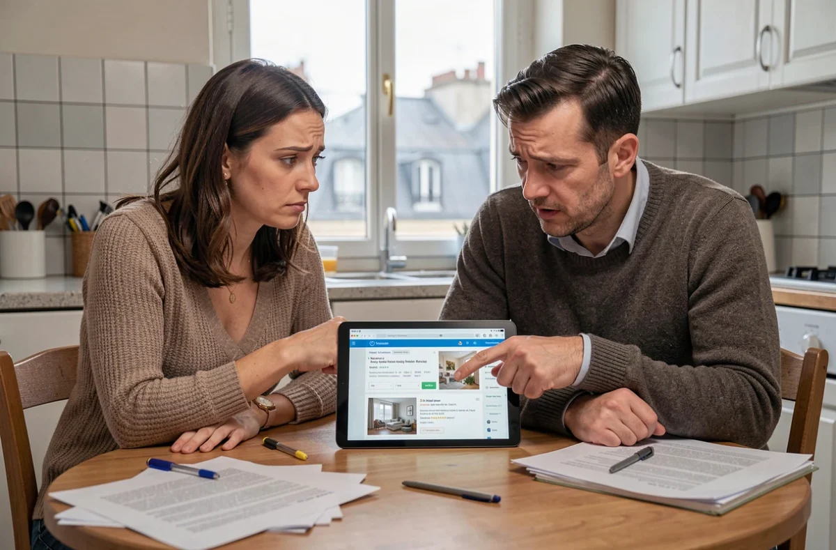 Couple recherchant un logement social sur une tablette via loc'annonces-paris.fr dans une cuisine parisienne