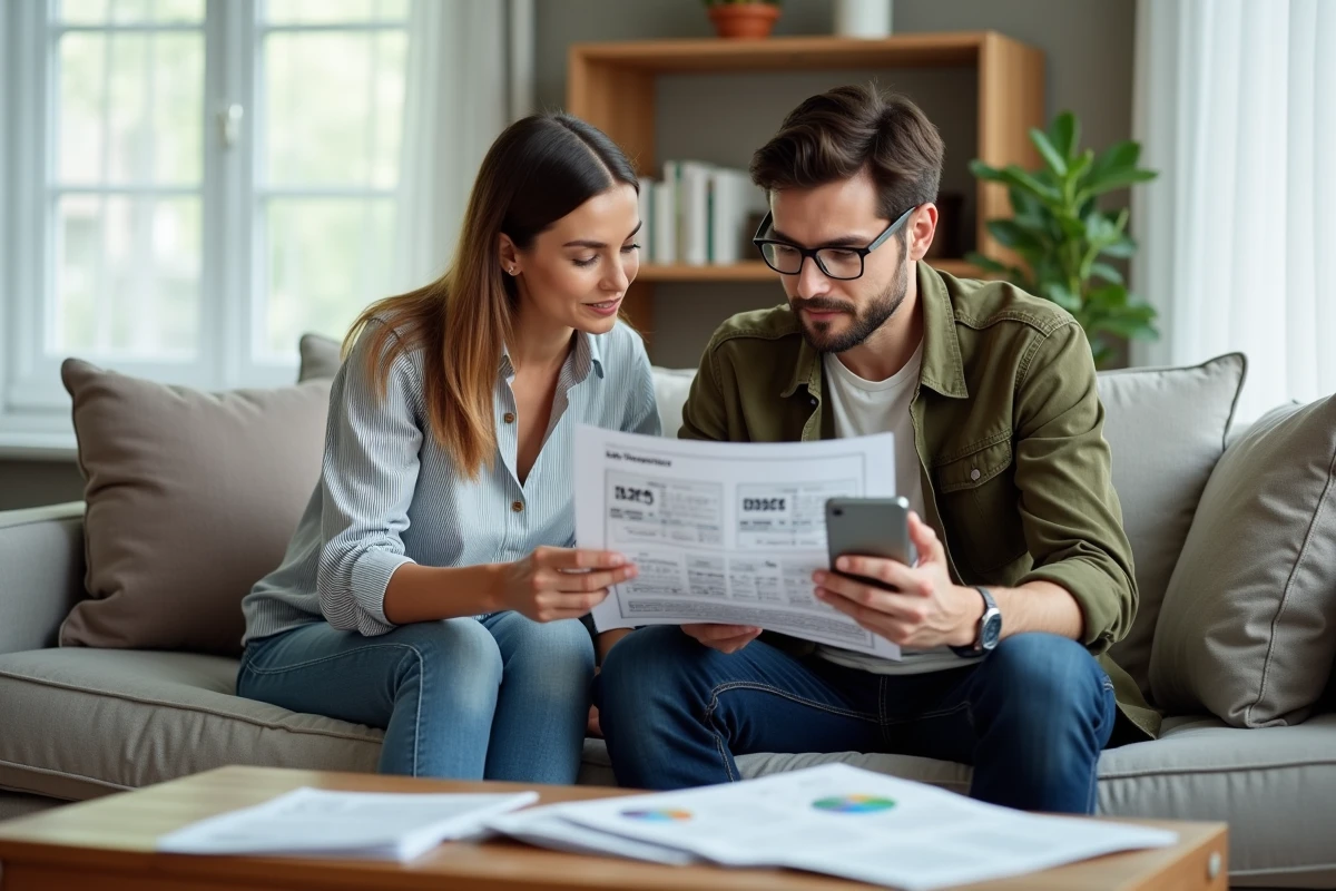 Couple examinant des annonces immobilières et l'historique des prix sur smartphone dans un salon