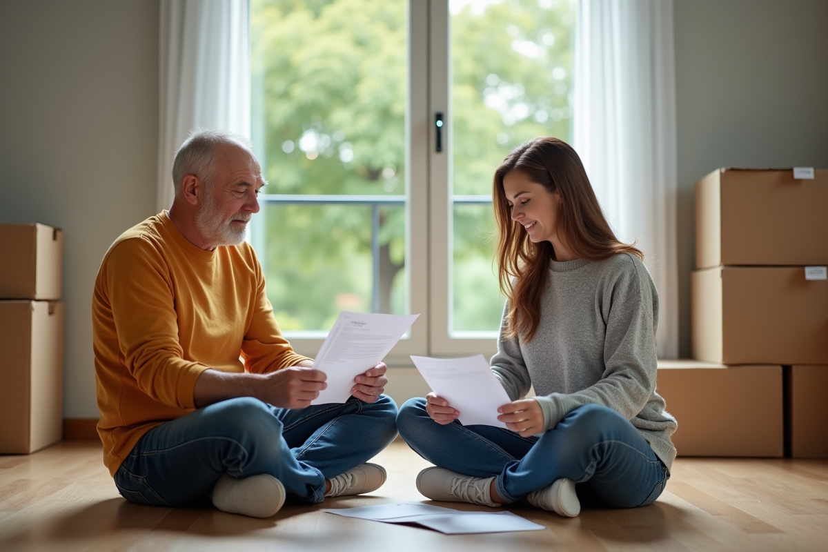 Couple regardant des papiers dans leur nouveau logement