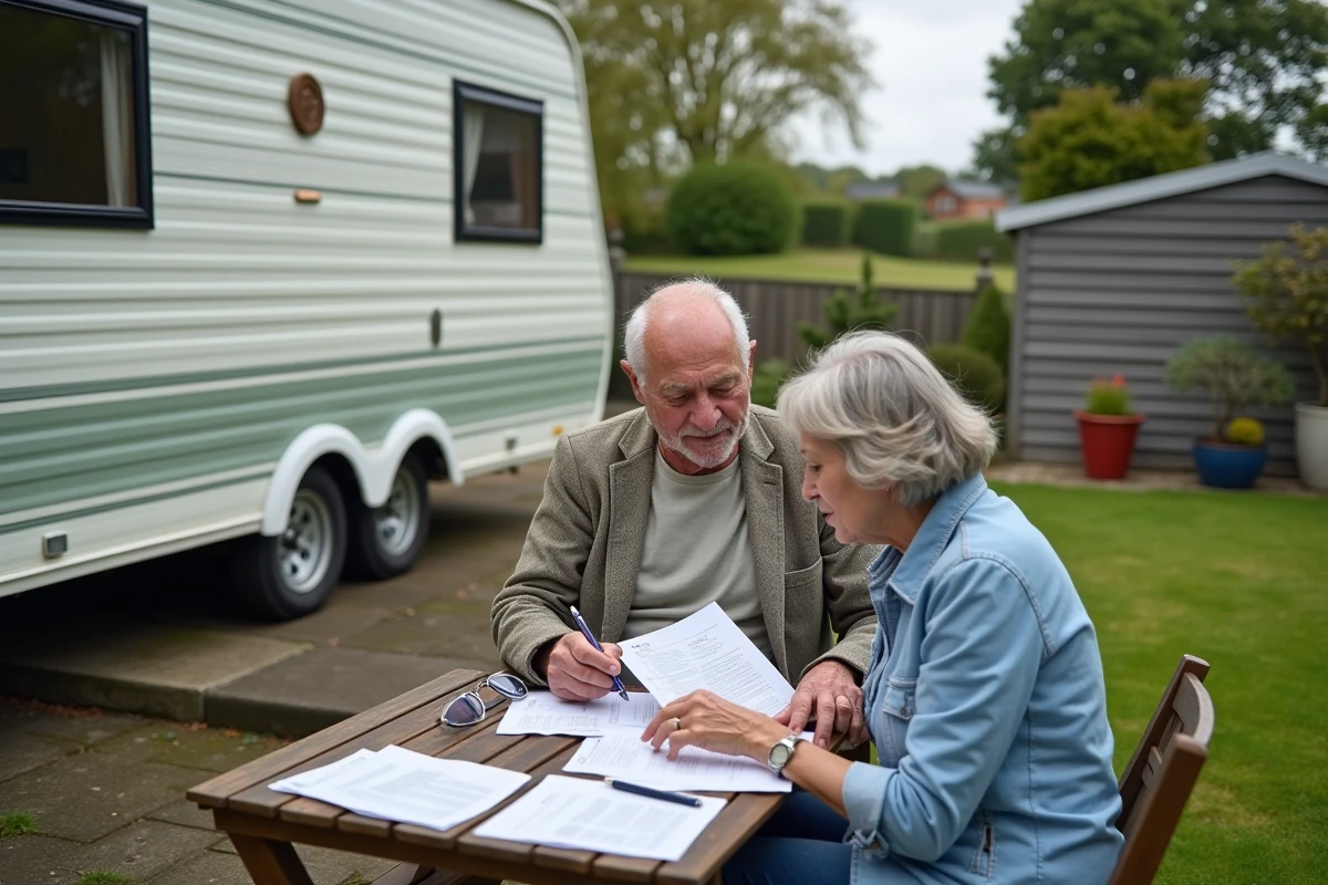 Couple de seniors consultant des documents administratifs devant leur mobil-home résidentiel