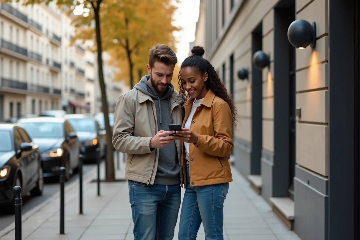 Couple consultant un simulateur de frais de notaire sur smartphone devant un immeuble lors d'une visite immobilière