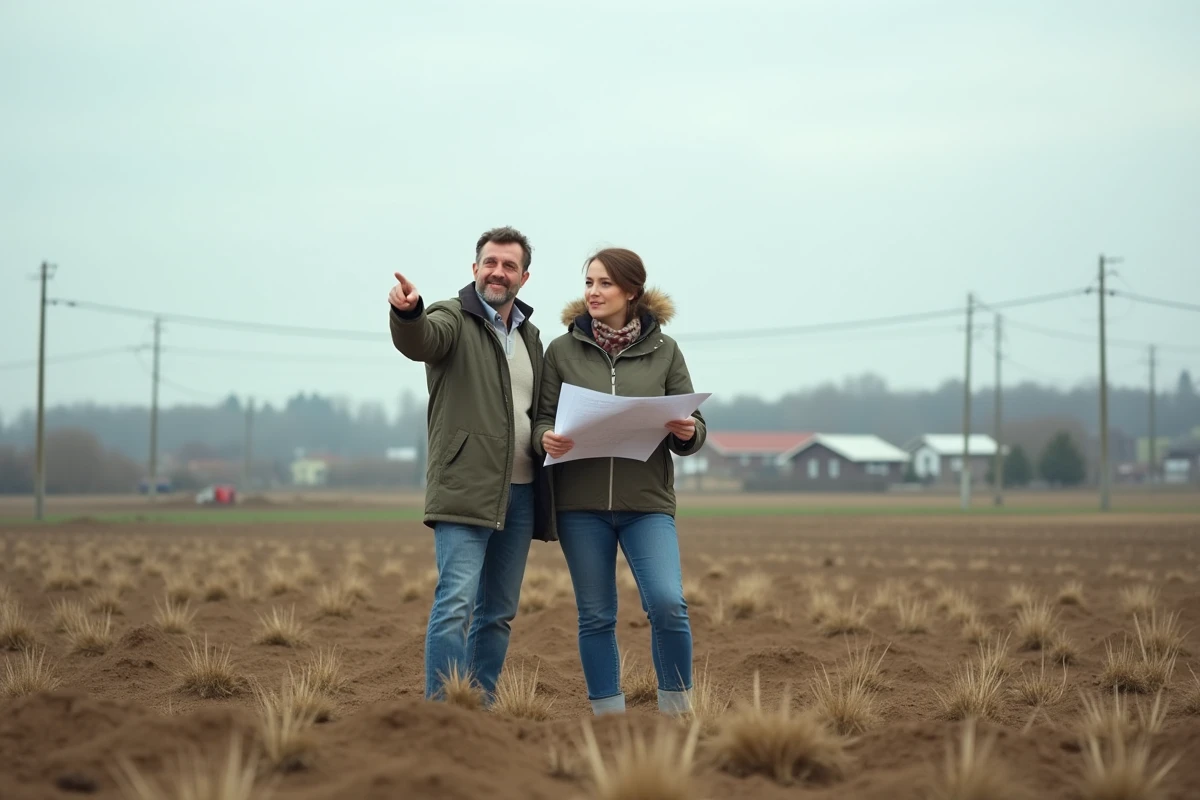 Couple consultant un plan cadastral sur un terrain viabilisé en zone périurbaine avant achat