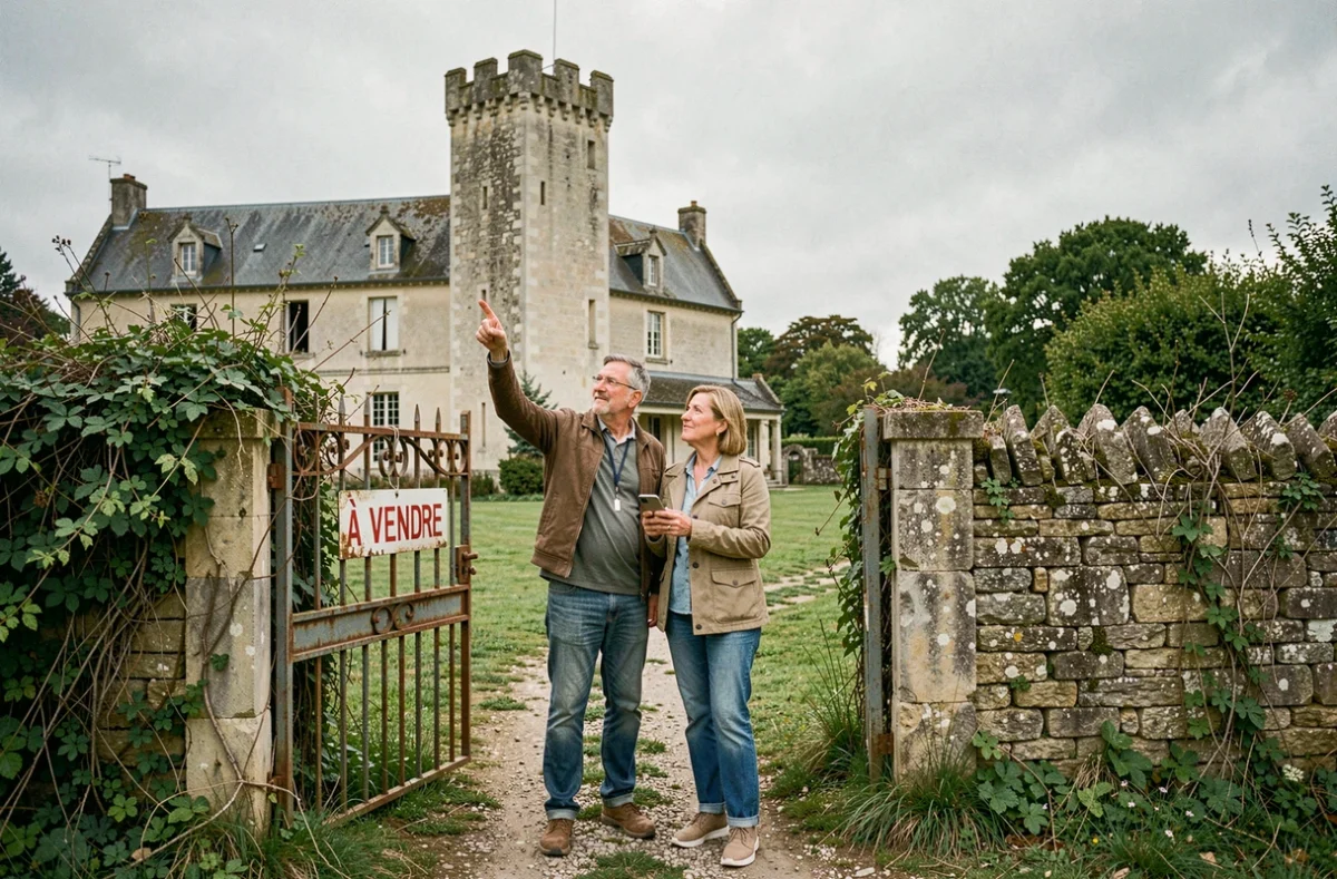 Couple visitant un château rural français délabré à vendre avec panneau À Vendre sur le portail