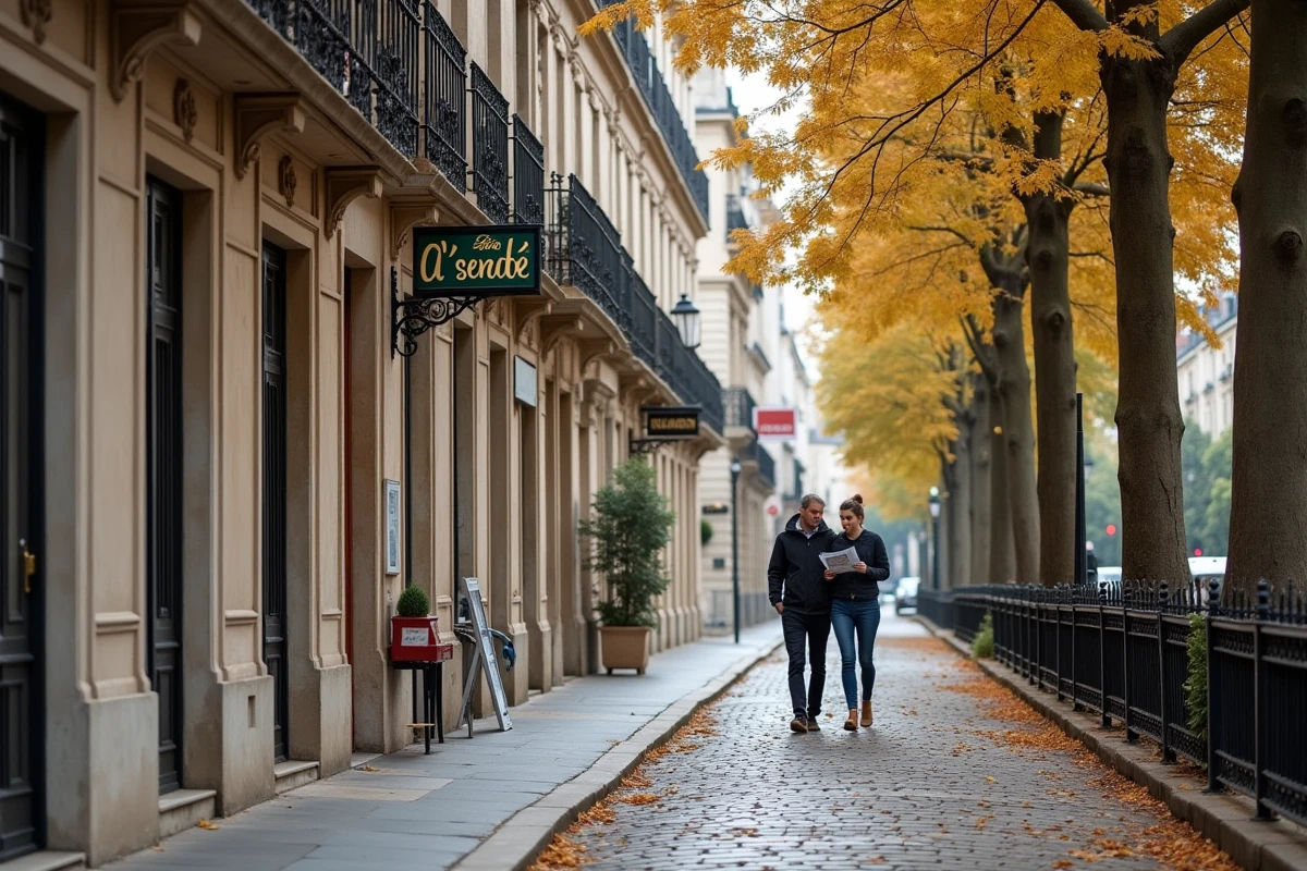 Couple visitant des immeubles haussmanniens à vendre dans une rue résidentielle calme, investissement immobilier 2026
