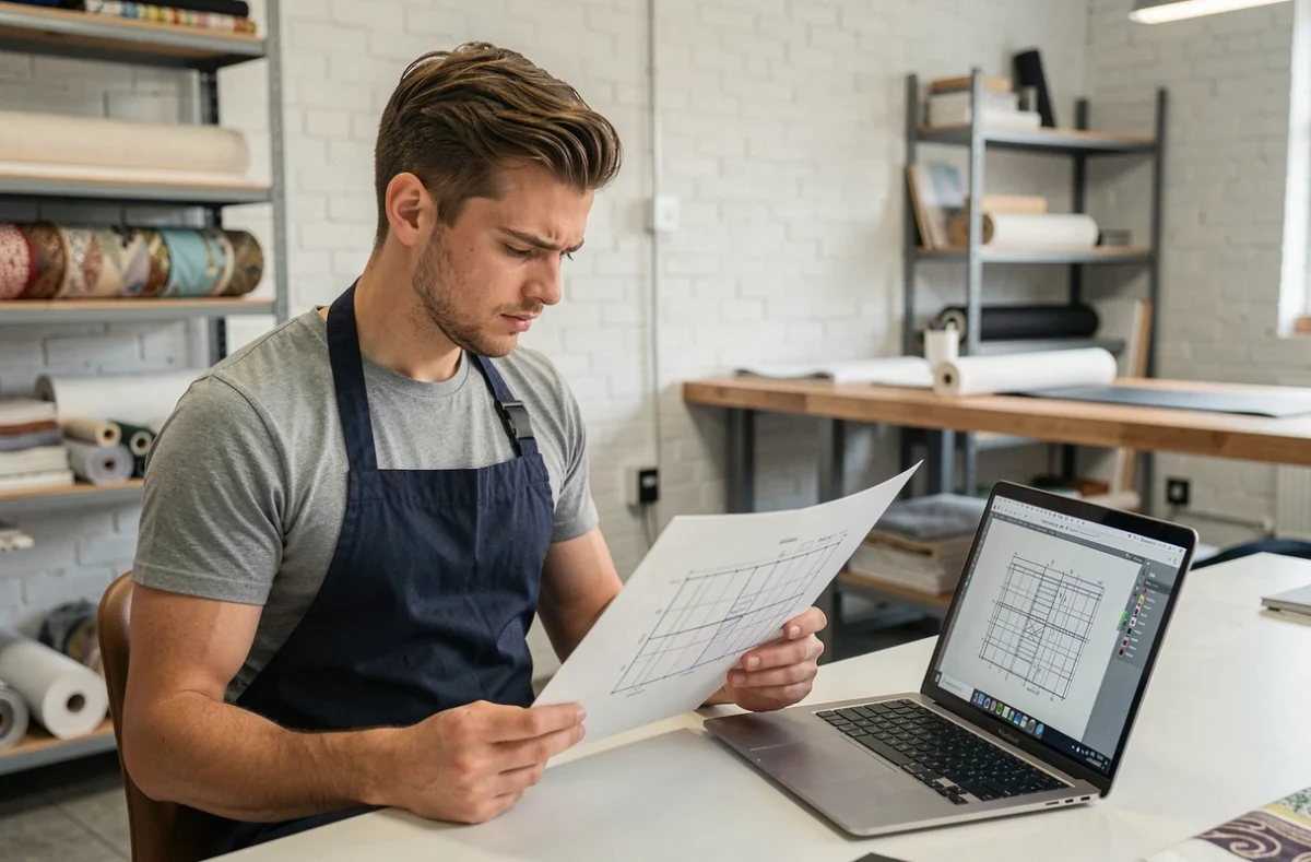 Jeune créateur textile étudiant un plan de coupe imprimé dans un studio de design moderne avec ordinateur portable