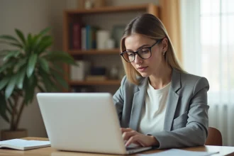 Femme créant un compte LOC annonce téléservice sur un ordinateur portable dans un bureau à domicile