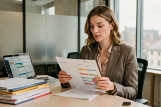 Femme professionnelle consultant une liste de critères de priorité dans un bureau moderne, illustrant le tri des demandes administratives