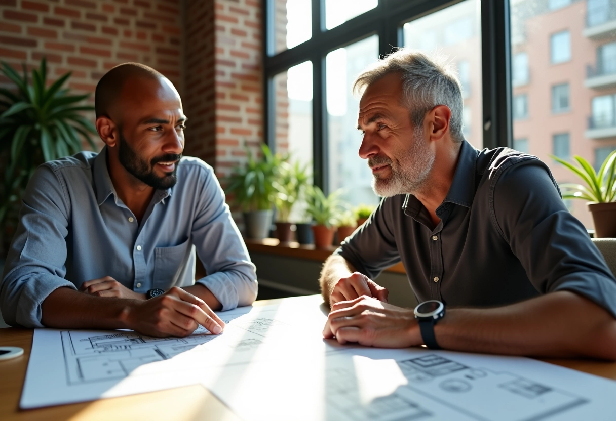 Deux hommes discutant plans architecturaux dans un salon lumineux