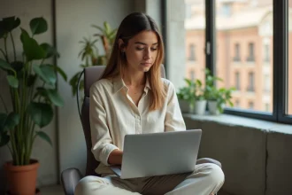 Digital nomade travaillant dans un espace de co-living moderne avec bureau minimaliste et fenêtre urbaine