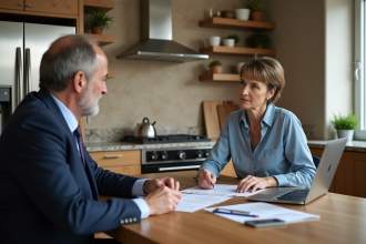Femme d'âge moyen discutant avec un agent d'assurance dans une cuisine chaleureuse