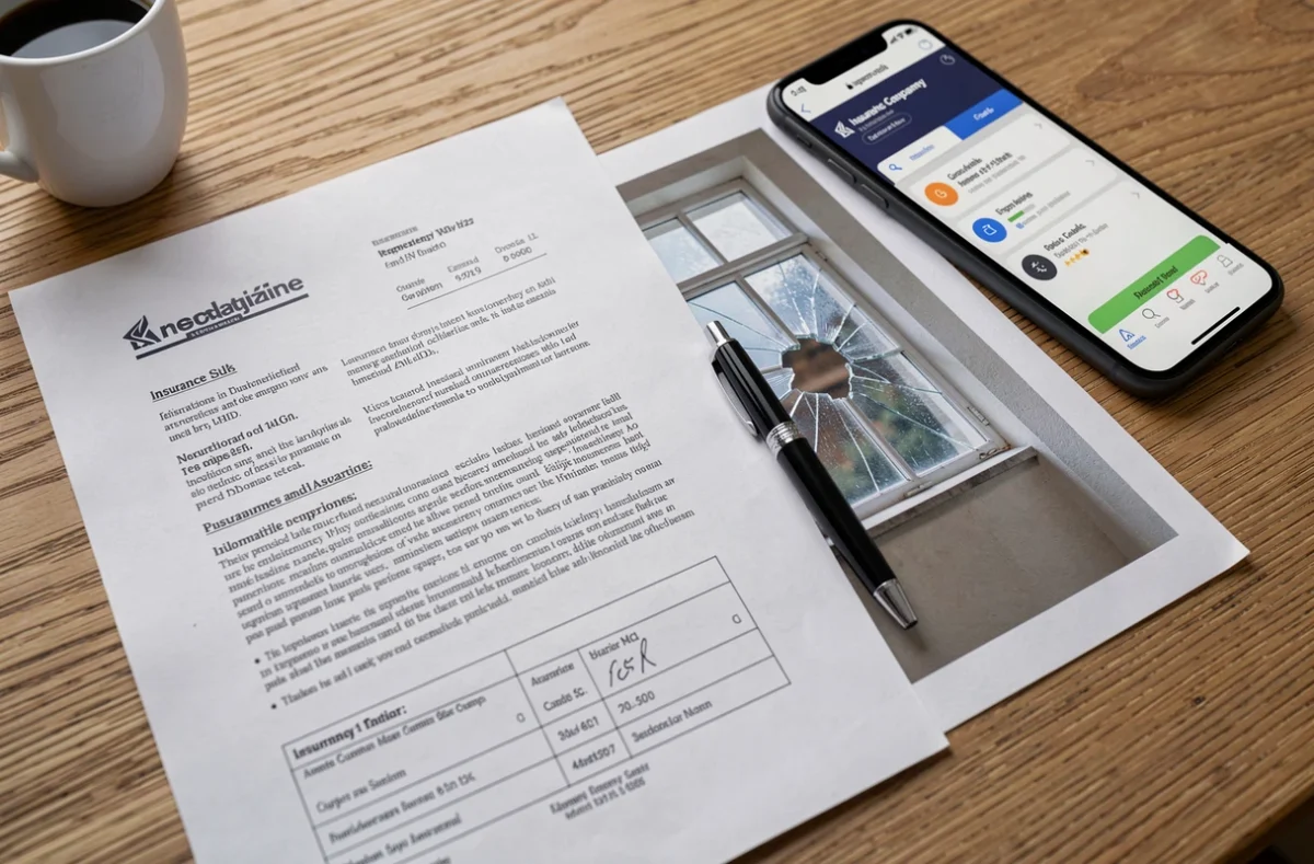 Documents d'assurance habitation posés sur un bureau en bois pour une déclaration de sinistre