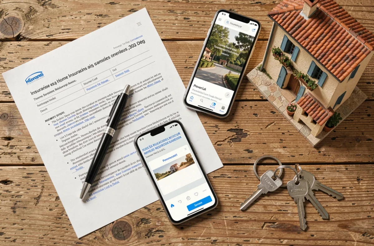 Vue en plongée d'un bureau avec documents d'assurance habitation, smartphone et clés de maison pour souscrire une assurance à Aix-en-Provence