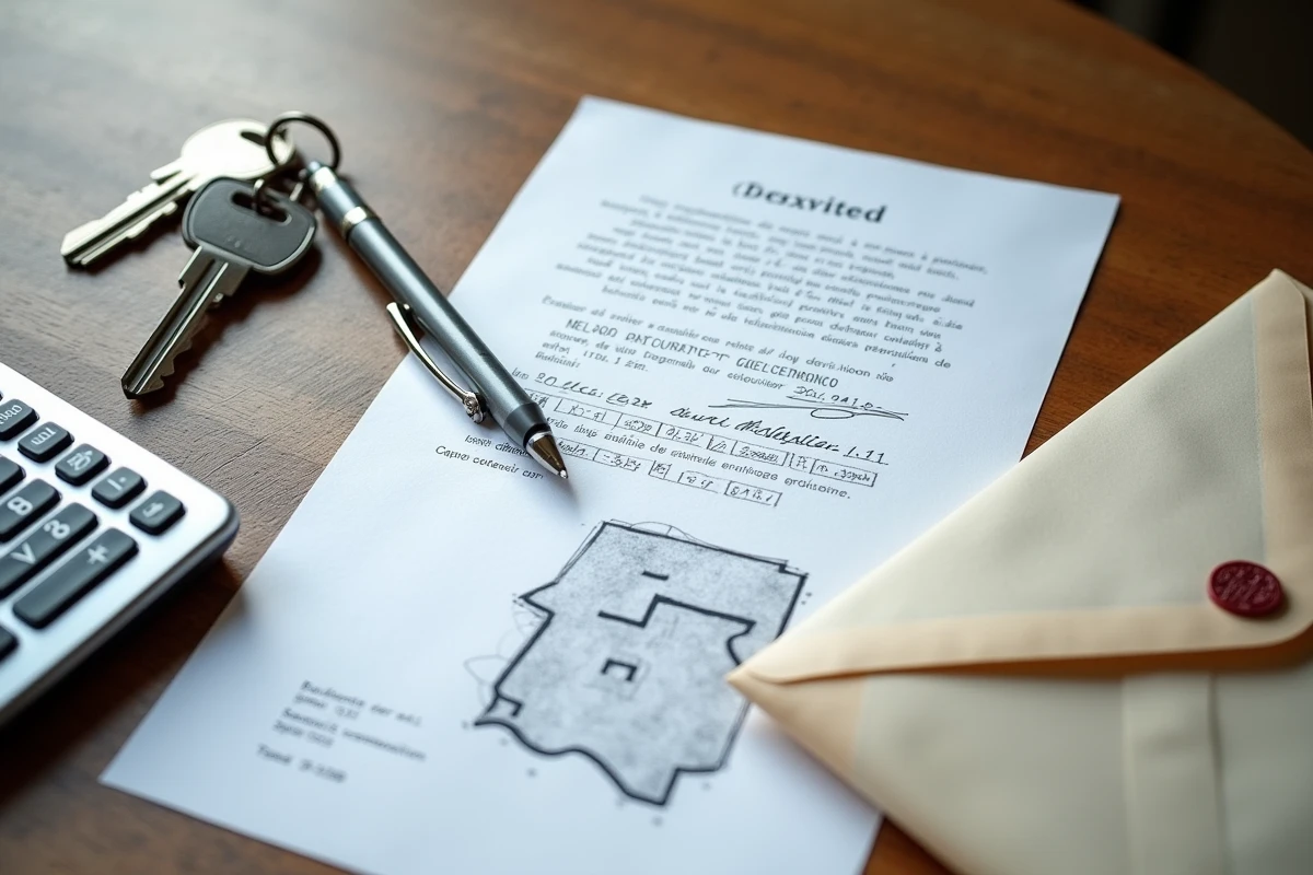 Documents notariés, acte de vente et calculatrice illustrant les frais de notaire pour un terrain à construire
