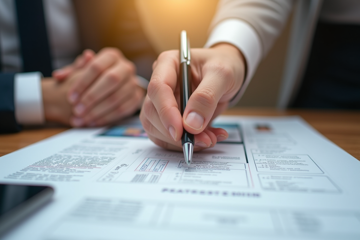 Main échangeant un stylo sur des documents officiels immobiliers en lumière naturelle