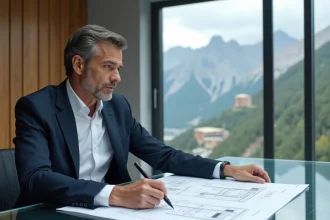 Entrepreneur français en costume marine examinant des plans immobiliers dans une agence moderne d'Andorre-la-Vieille avec vue sur les Pyrénées
