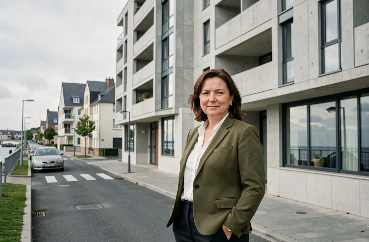 Agente d'Espacil devant un immeuble résidentiel contemporain à Lorient