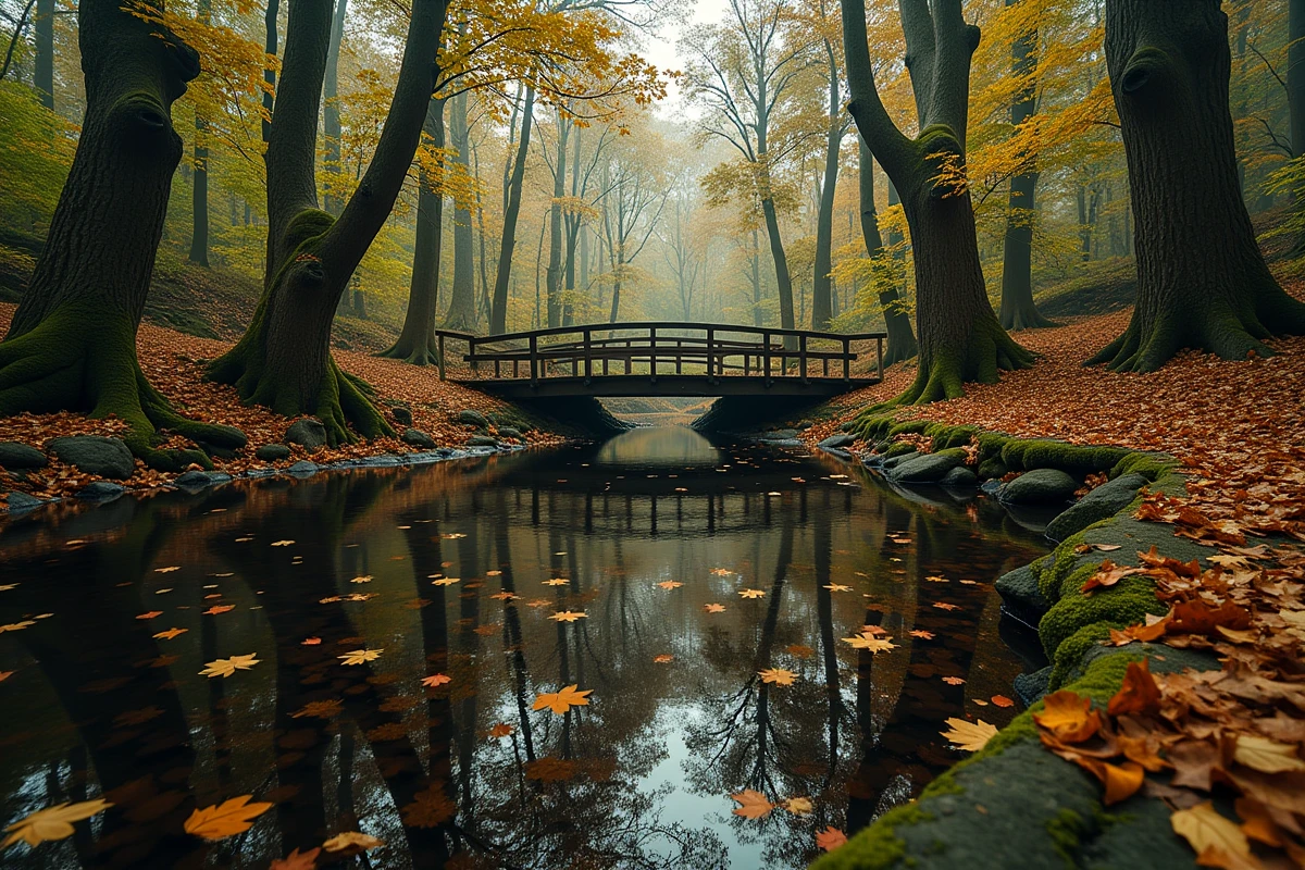 Étang forestier caché dans un sous-bois de chênes et bouleaux avec passerelle en bois couverte de mousse, environnement naturel pour achat d'étang en forêt
