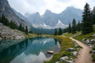 Étang de montagne aux reflets de sommets rocheux et prairies alpines, idéal pour l'achat d'un étang en altitude