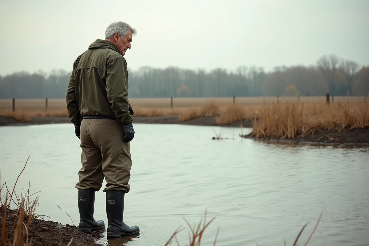 Homme examinant les berges d'un étang en plaine agricole entouré de peupliers, pour un projet d'achat d'étang