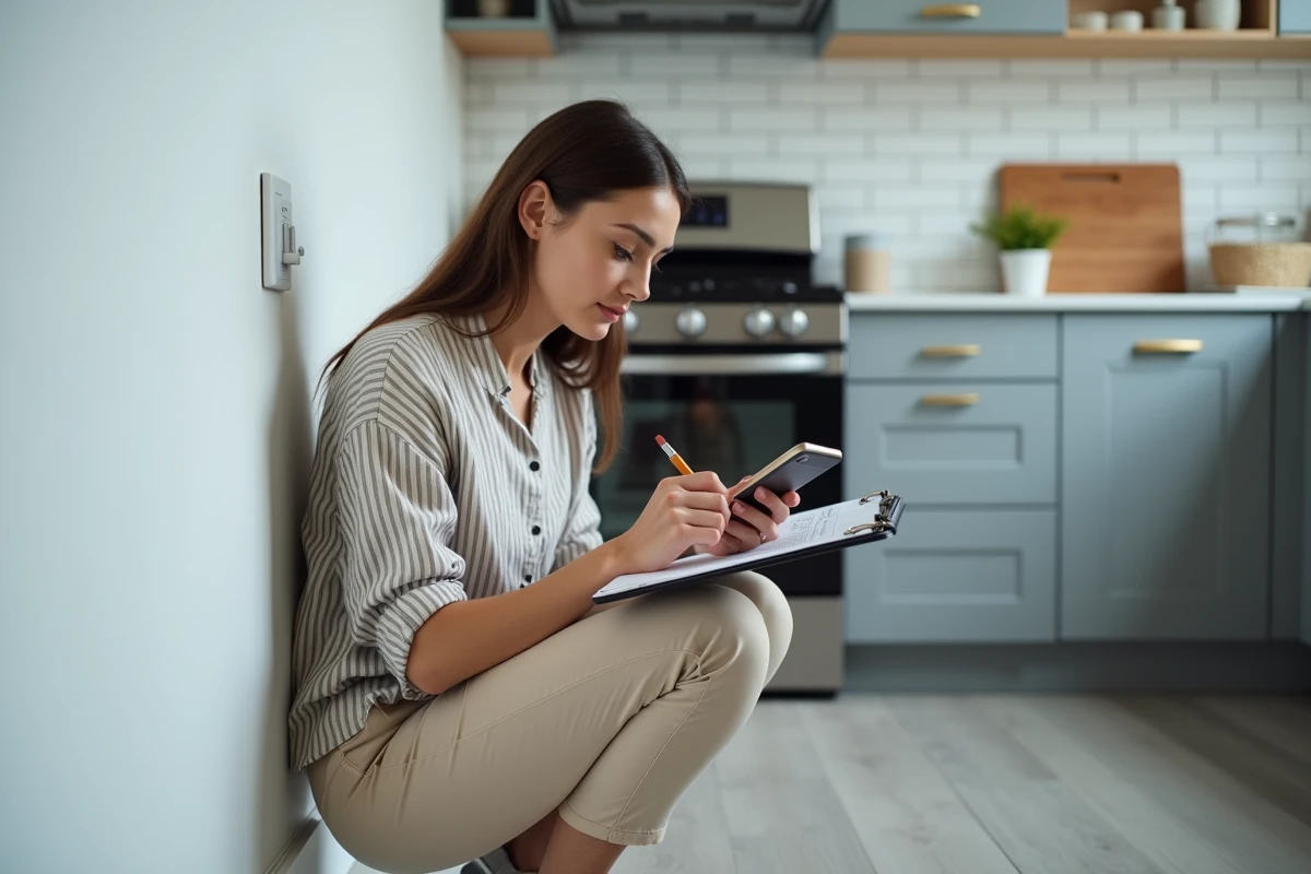 Locataire réalisant un état des lieux numérique dans une cuisine rénovée avec application mobile