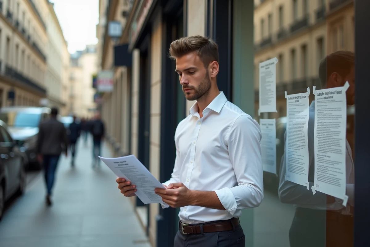 Jeune homme consultant des annonces de location devant une agence immobilière pour trouver un appartement étudiant sans garant