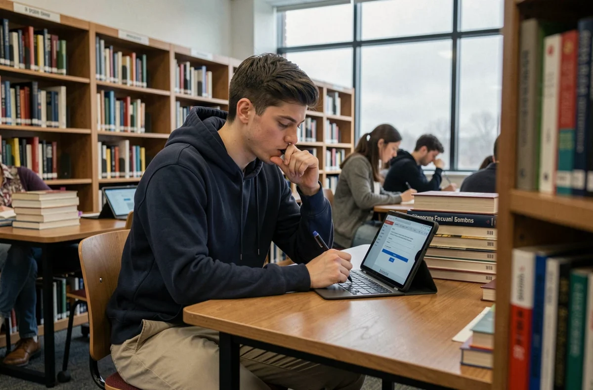 Étudiant remplissant un formulaire d'assurance habitation sur une tablette dans une bibliothèque universitaire