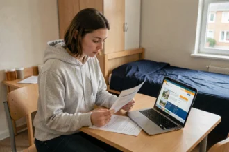 Étudiante consultant son contrat d'assurance habitation dans sa chambre de résidence Crous