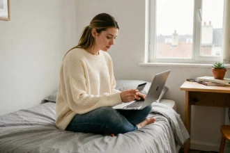 Étudiante souscrivant une assurance habitation en ligne depuis son studio universitaire avec un laptop