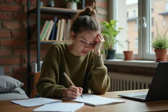 Jeune étudiante rédigeant une lettre de motivation pour un appartement à son bureau dans une chambre estudiantine