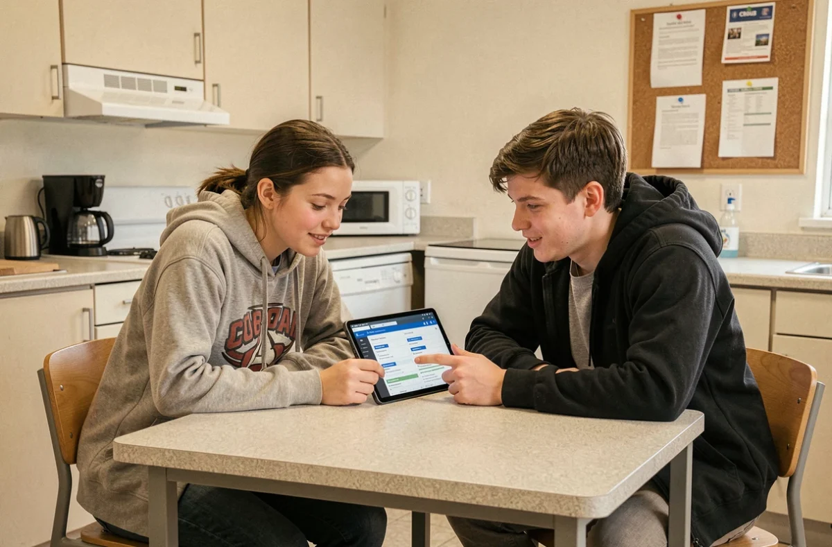 Deux étudiants comparant des offres d'assurance habitation sur une tablette dans la cuisine commune d'une résidence Crous