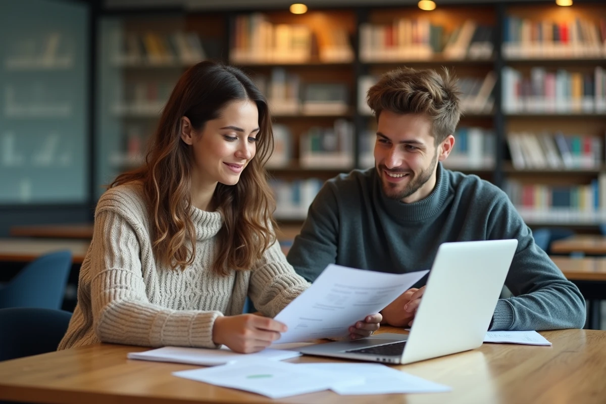 Deux étudiants préparant ensemble une lettre de motivation pour un dossier de location sans garant dans une bibliothèque universitaire