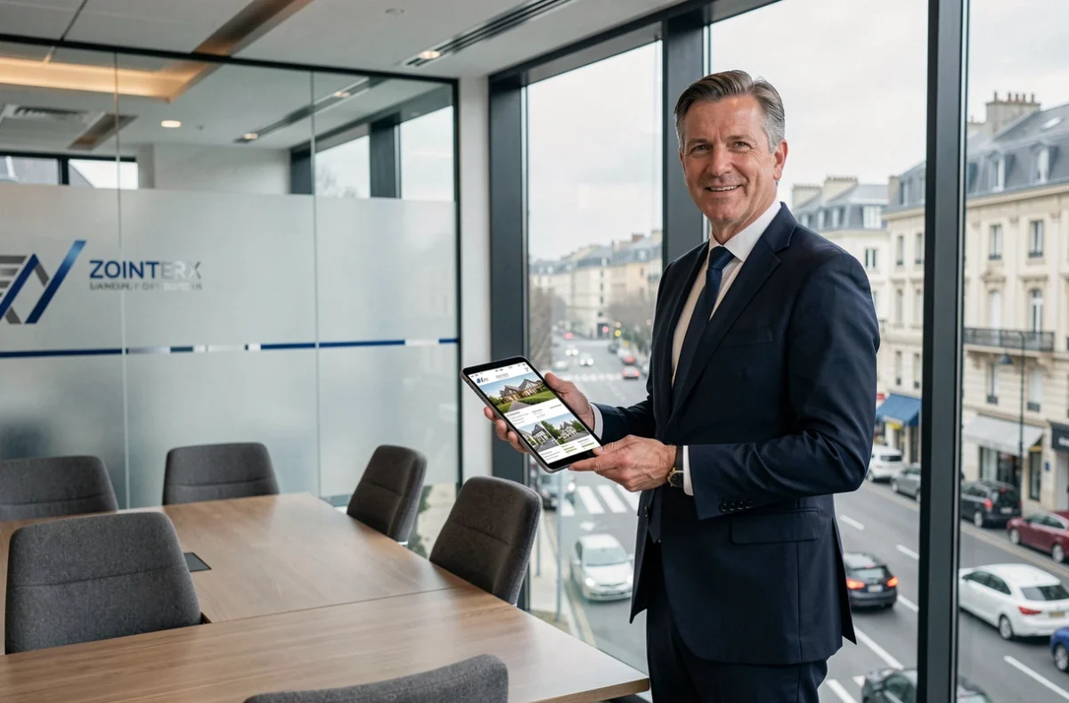 Agent immobilier d'Eurex Saint-Étienne devant une fenêtre avec vue sur la ville, tenant une tablette avec des annonces