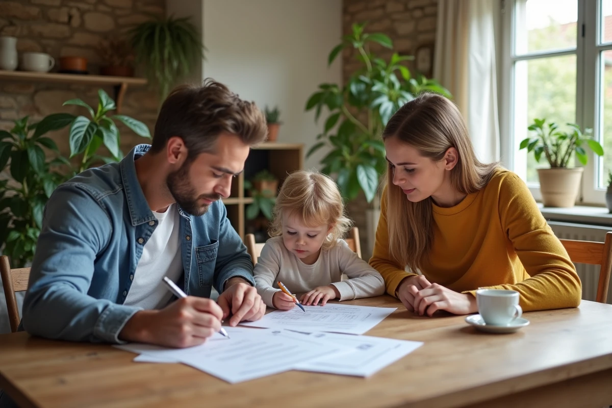 Famille jeune discutant documents d